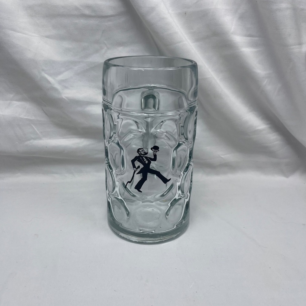 Dimpled Beer Stein Glass Walking Man Graphic Clear Mug 0.5L Tankard‎